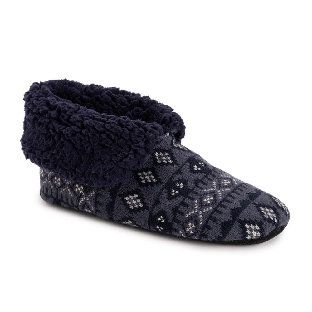 MUK LUKS Mens Bootie Slippers S/M 8-10 Blue Fair Isle Knit Sherpa Non-Slip Cozy
